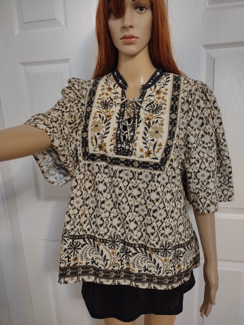Anthropologie Black Motif Pleated Puff Sleeve blouse size XL - Picture 11 of 13